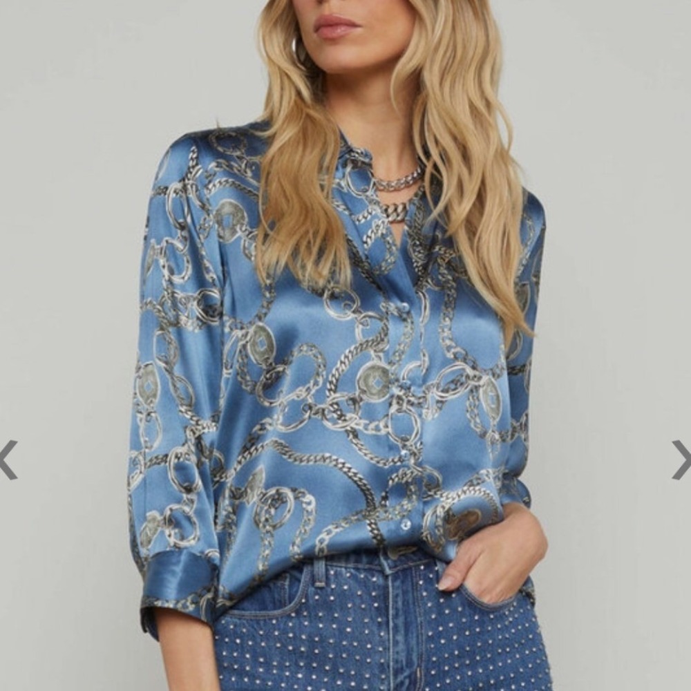 L'AGENCE Good Luck Chain Print Dani Blouse Silk Button-Up Shirt Womens Medium